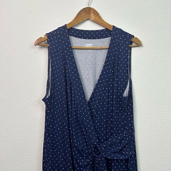 Land’s End Women’s Faux Wrap Blue Polka Dot Sleeveless Maxi Dress Size XL - Picture 2 of 13